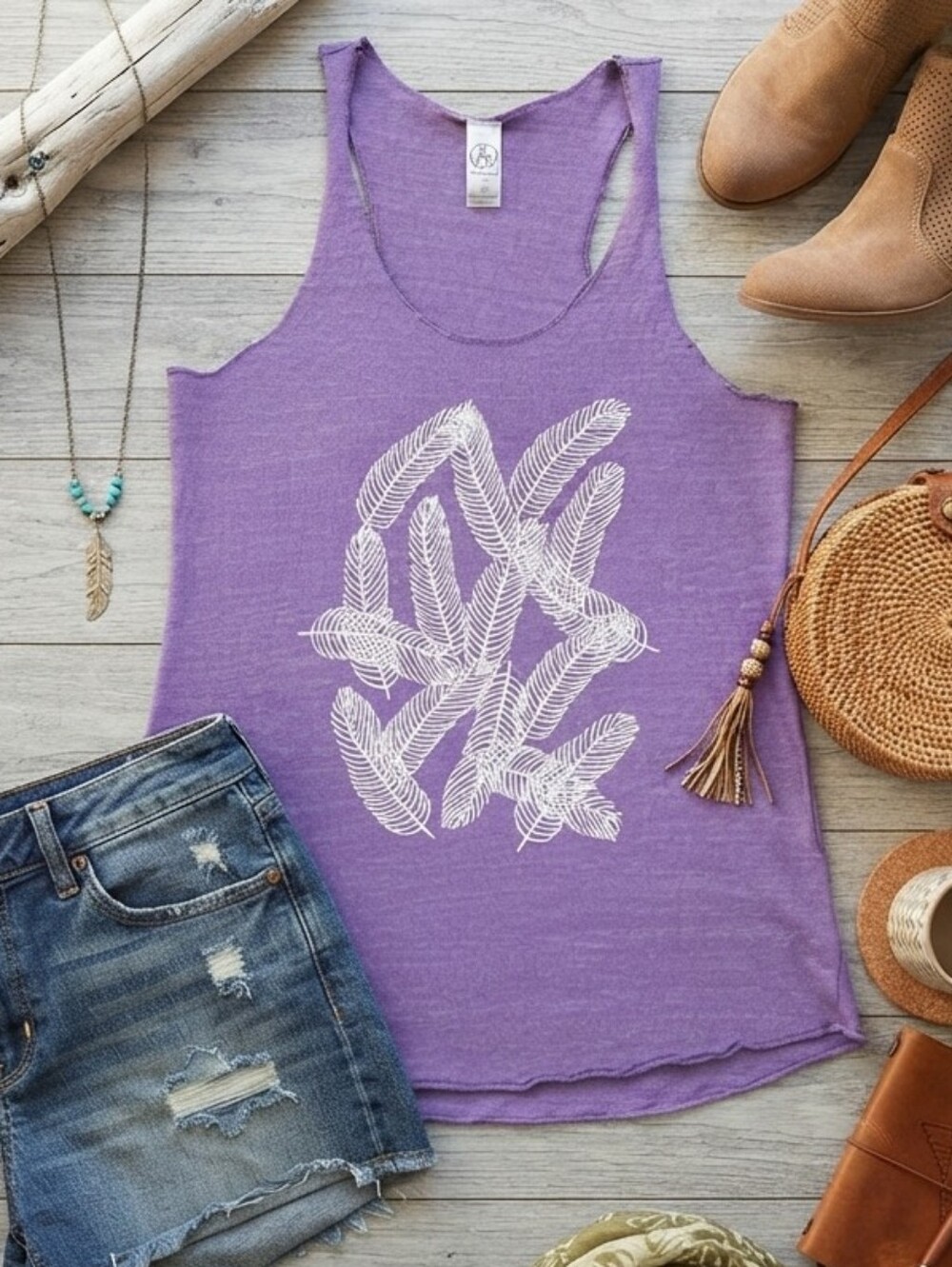 Alternative Apparel Purple Racerback Tank with White Feather Graphic